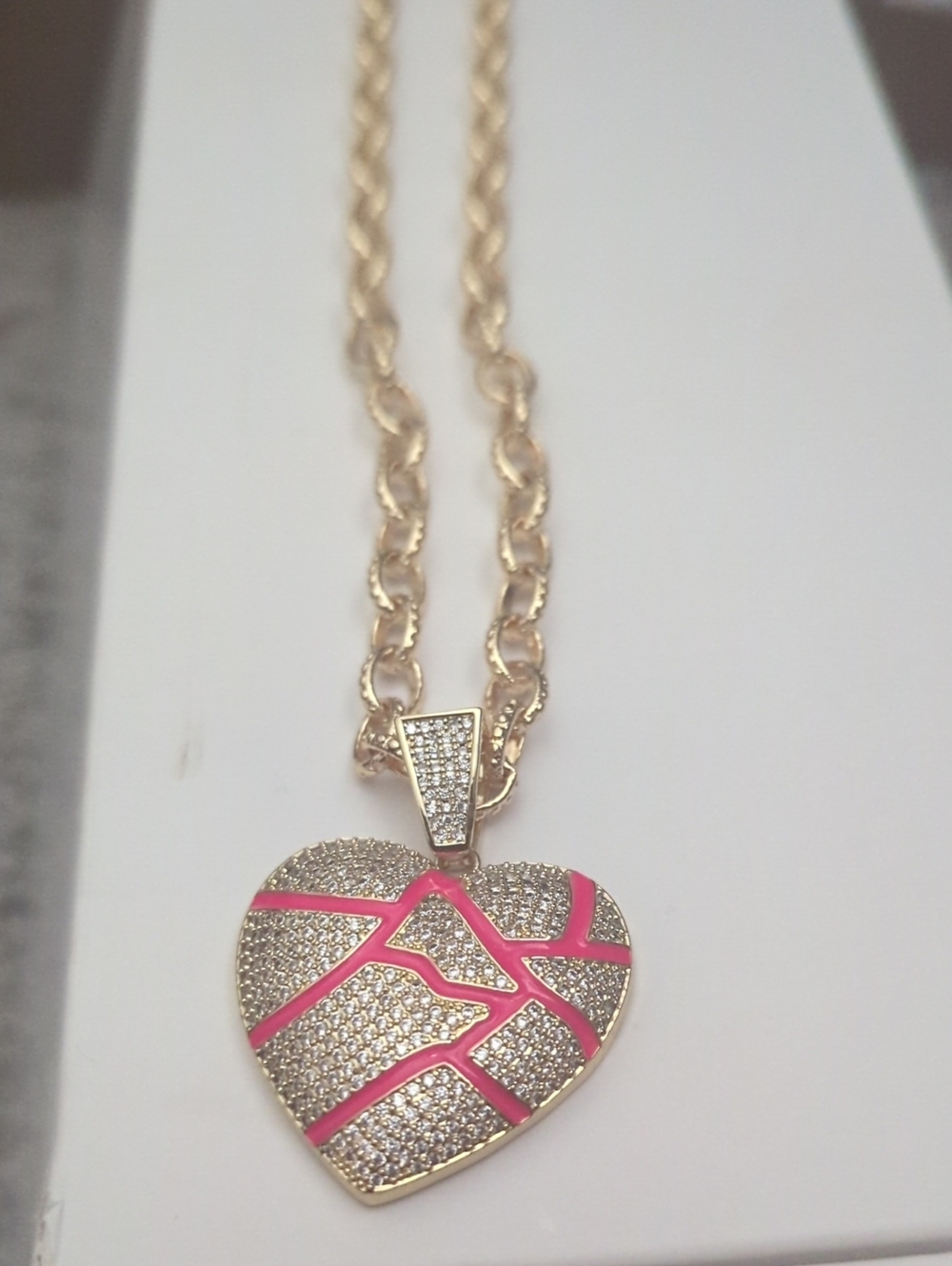 Gold Heart Pendant Necklace with Pink Inlay